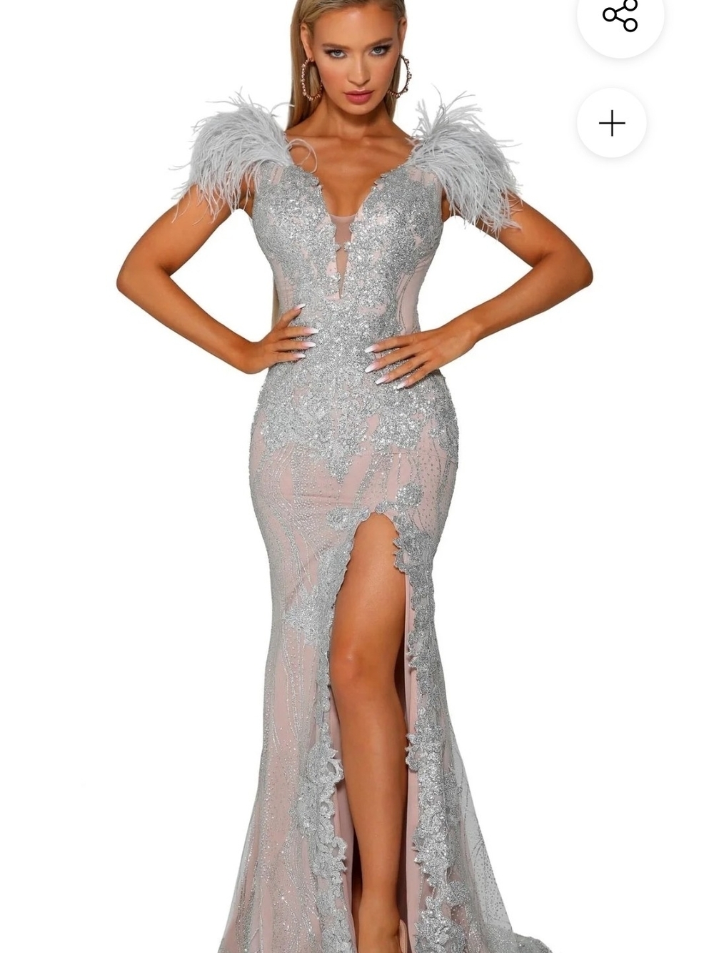 Portia and Scarlett Silver Lace Feather-Shoulder Mermaid Gown